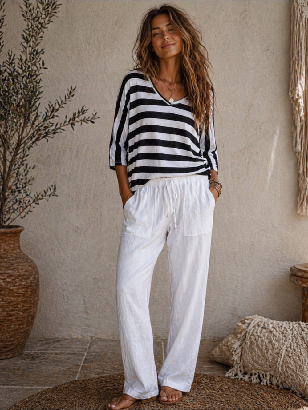 Red Haute Black & White Striped V-Neck 3/4 Sleeve Tee Size Medium